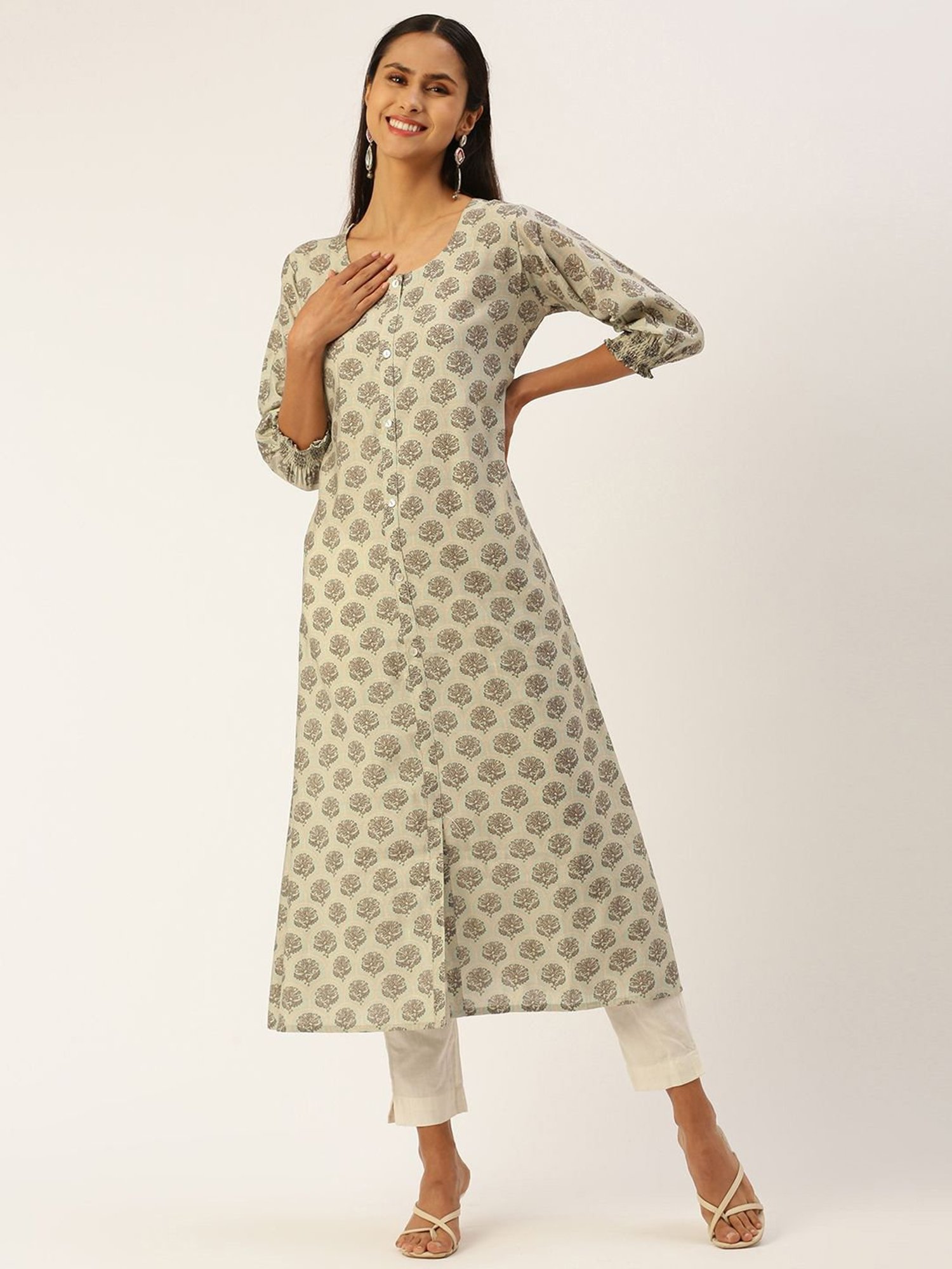 SHANVIKA Green Printed Cotton Silk A Line Kurta