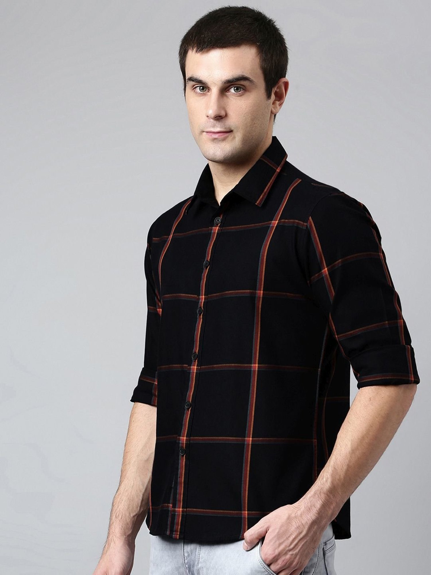 Dennis Lingo Black Cotton Slim Fit Checks Shirt
