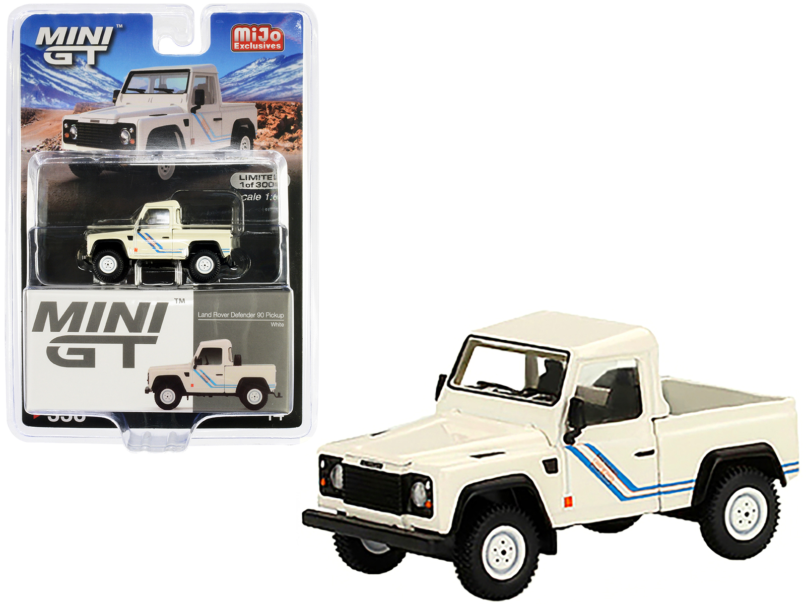 Land Rover Defender 90 Pickup Truck White with Blue Stripes Limited Edition to 3000 pieces Worldwide 1/64 Diecast Model Car by Mini GT