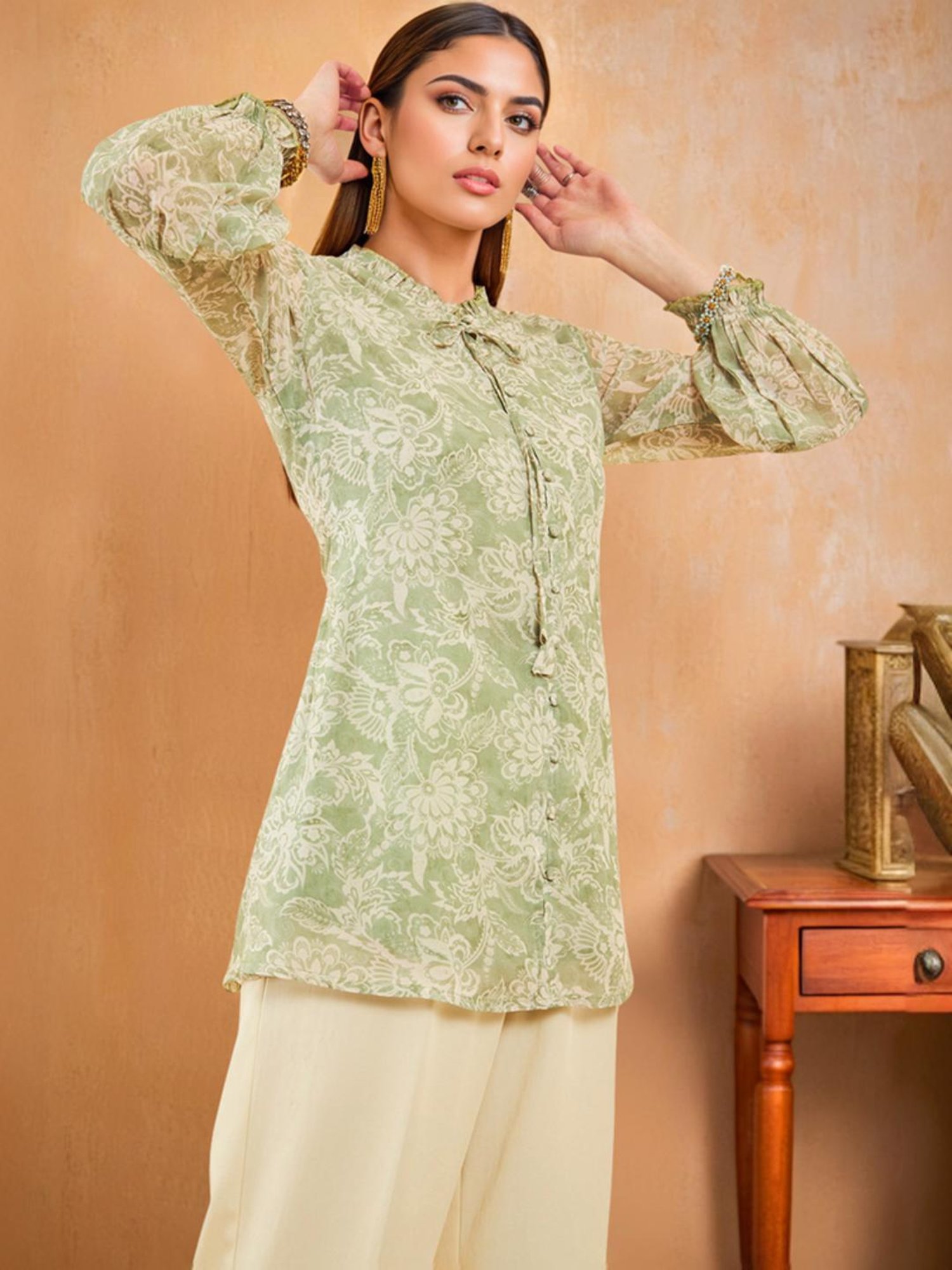Soch Womens Sap Green Georgette Blend Floral Print Tunic With Ruffles