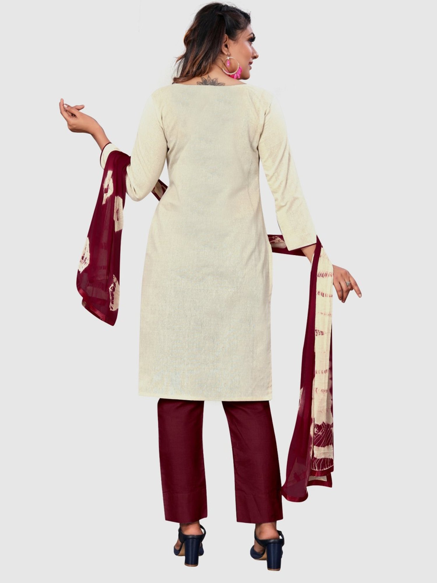 APNISHA Cream & Maroon Cotton Chequered Unstitched Dress Material