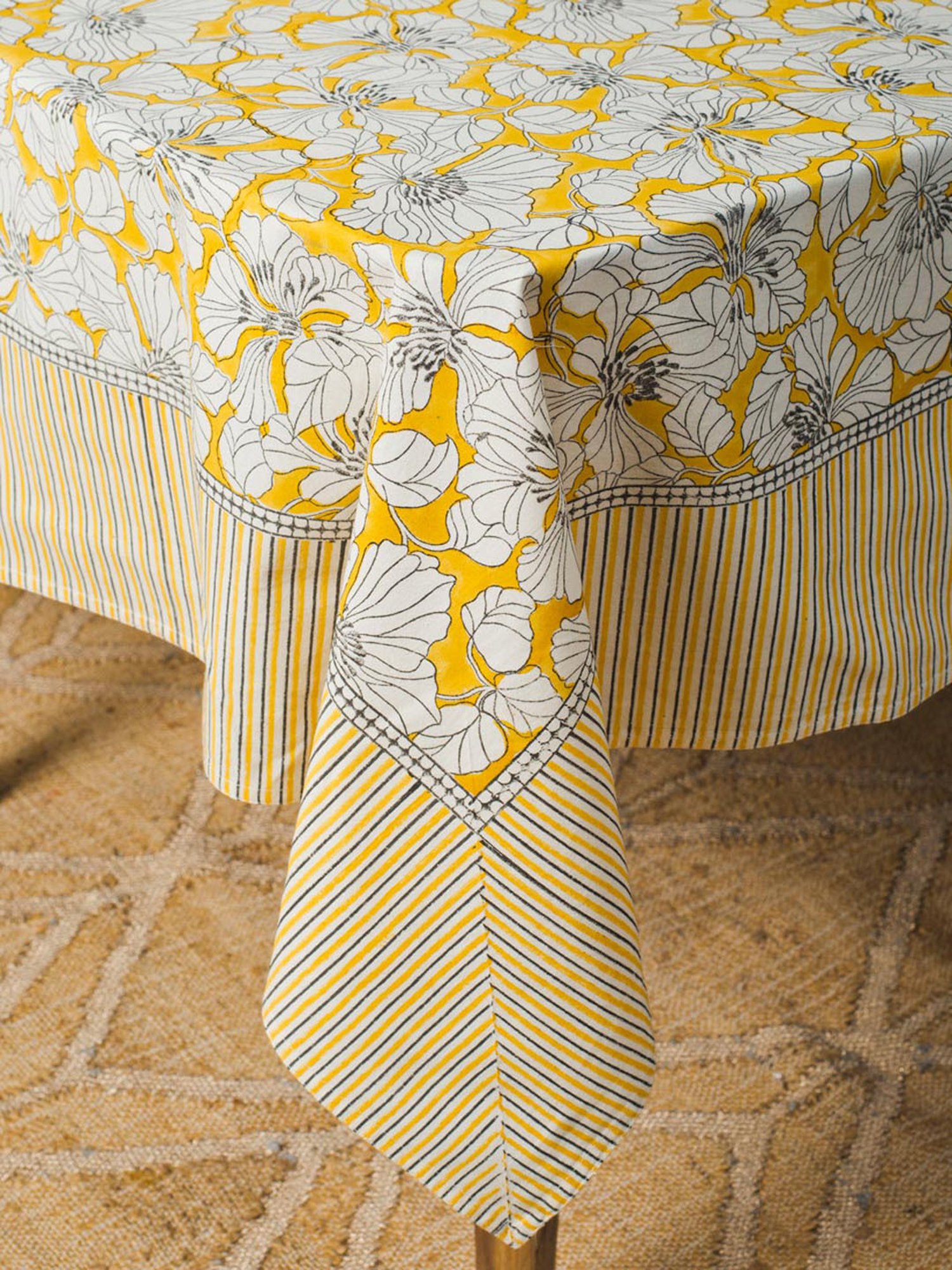 Fabindia Yellow Cotton Kusum Hand Block Printed Table Cover- 6 Seater