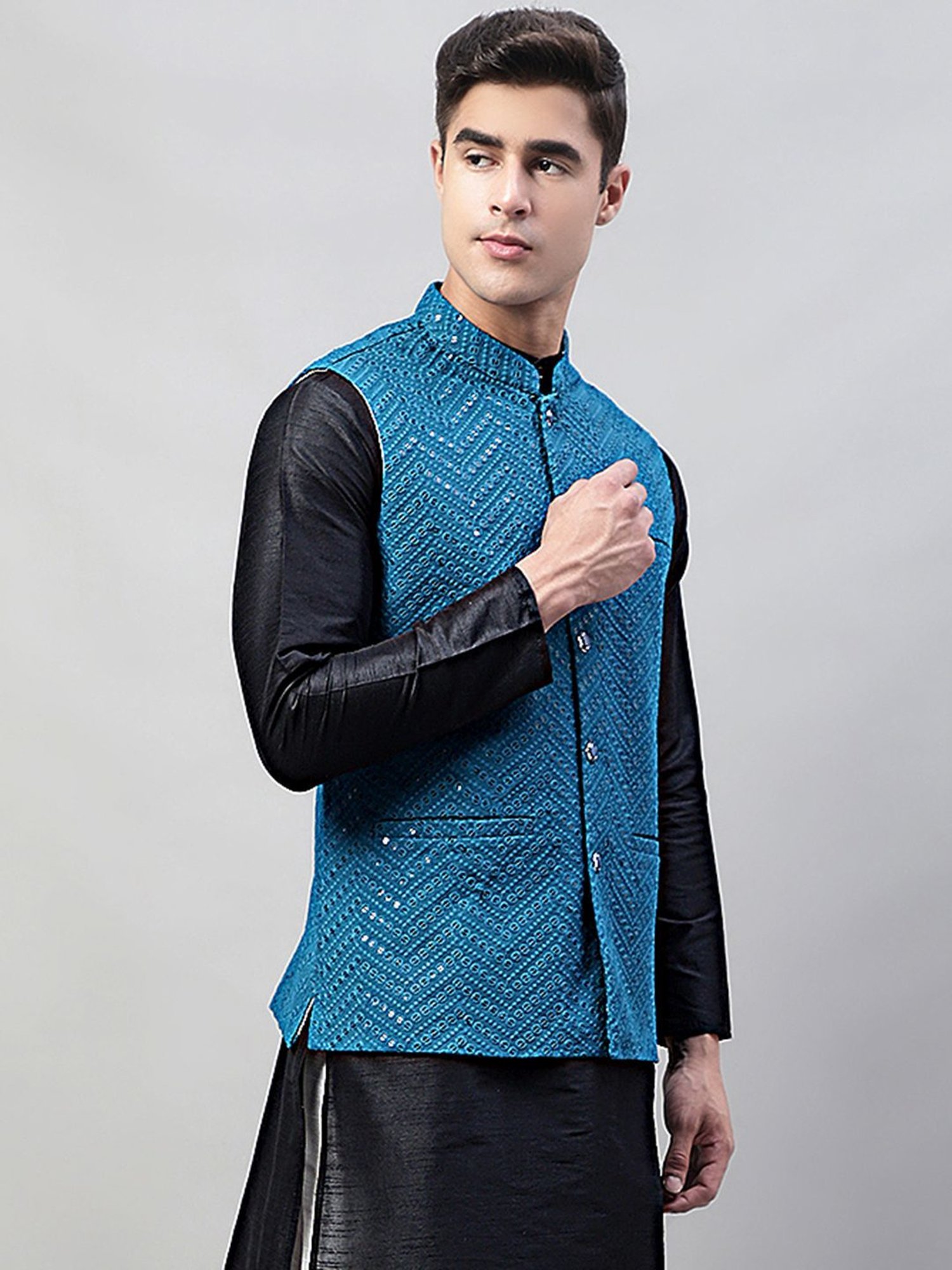 Jompers Peacock Blue Regular Fit Embroidered Nehru Jacket