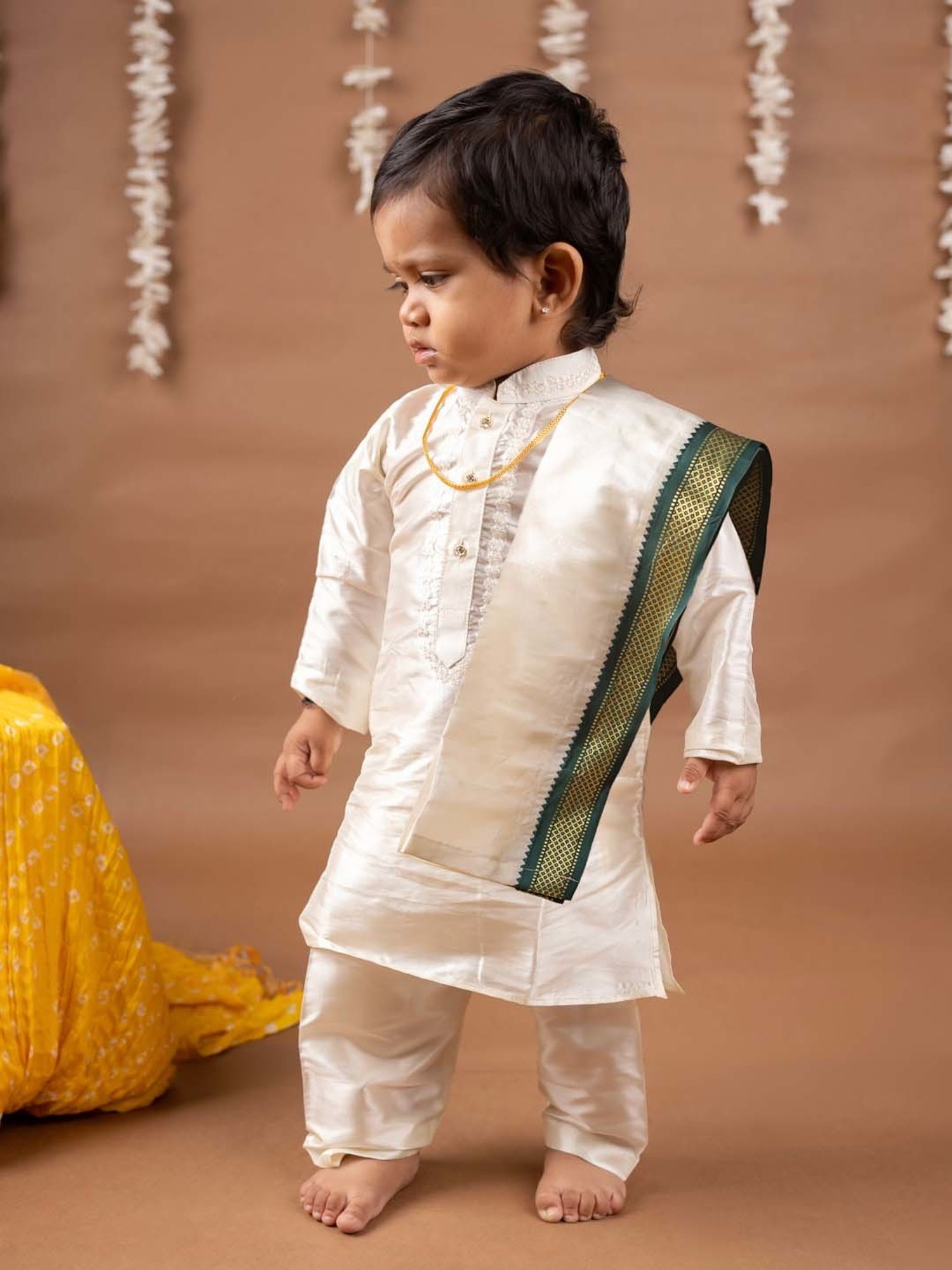 Baby Moo Kids Cream & Green Regular Fit Full Sleeves Kurta Set