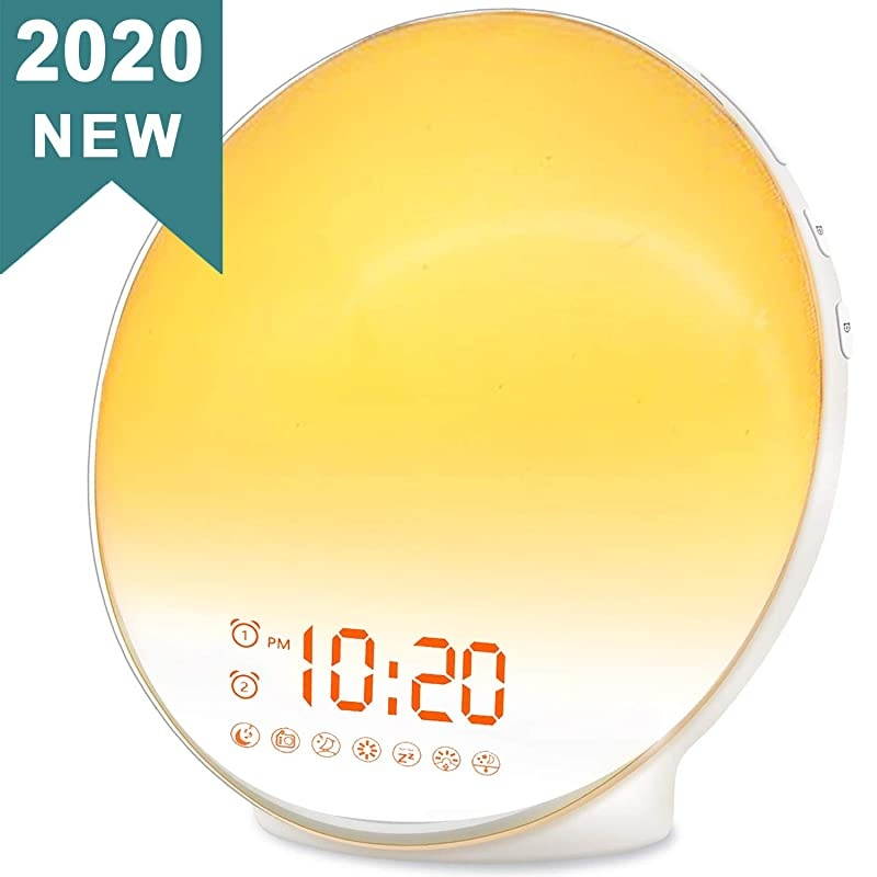 Up Light Sunrise Alarm Clock for Kids, Heavy Sleepers, Bedroom, with Sunrise Simulation, Sleep Aid, Dual Alarms, FM Radio, Snooze, Nightlight, Daylight, 7 Colors, 7 Natural Sounds, Ideal for Gift