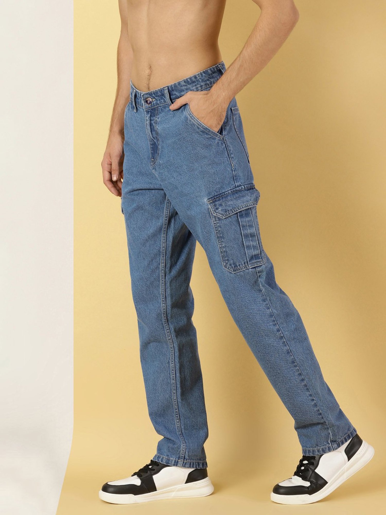 Thomas Scott Blue Relaxed Fit Lightly Washed Cargo Jeans