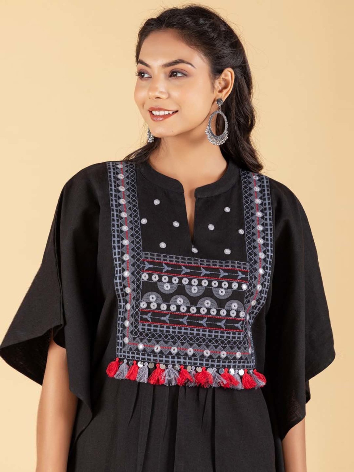 Ekohum Black, Red & White Mirror Embroidered Kaftan with Zig-Zag Print Dhoti