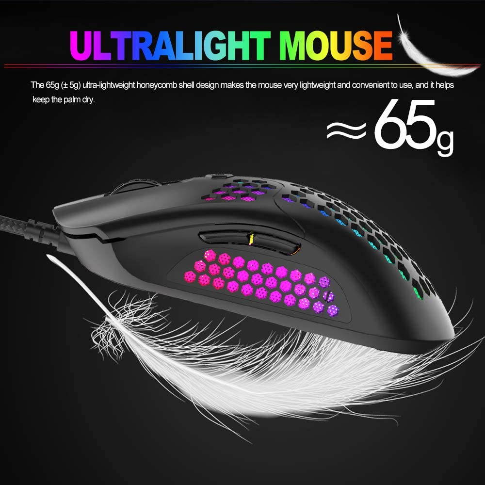 Wired Lightweight Gaming Mouse,26 RGB Backlit Mice with 7 Buttons Programmable Driver,PAW3325 12000DPI Mice,Ultralight Honeycomb Shell Ultraweave Cable Mouse for PC Gamers and Xbox and PS4 Users