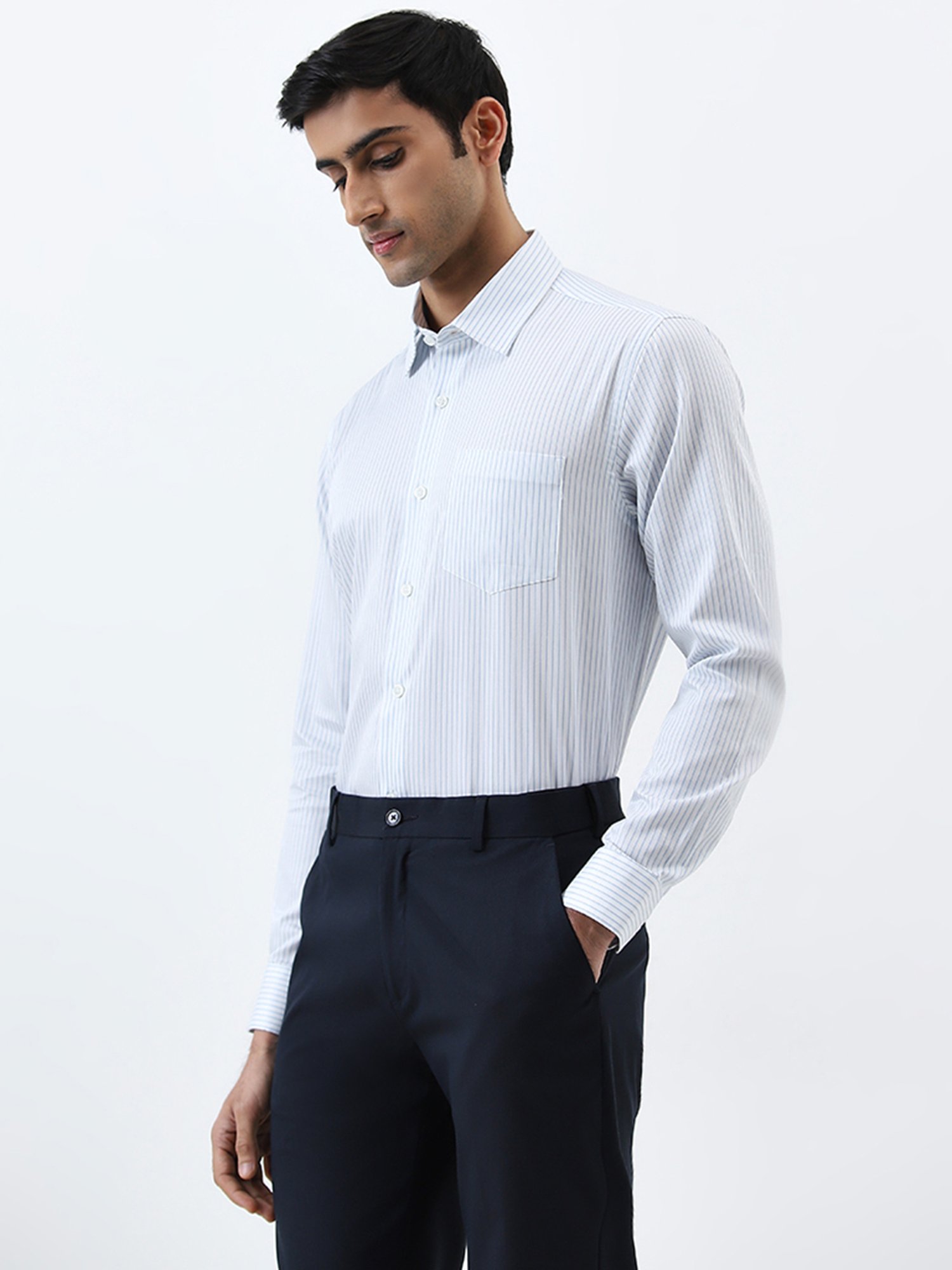 WES Formals by Westside Light Blue Striped Relaxed-Fit Cotton Shirt