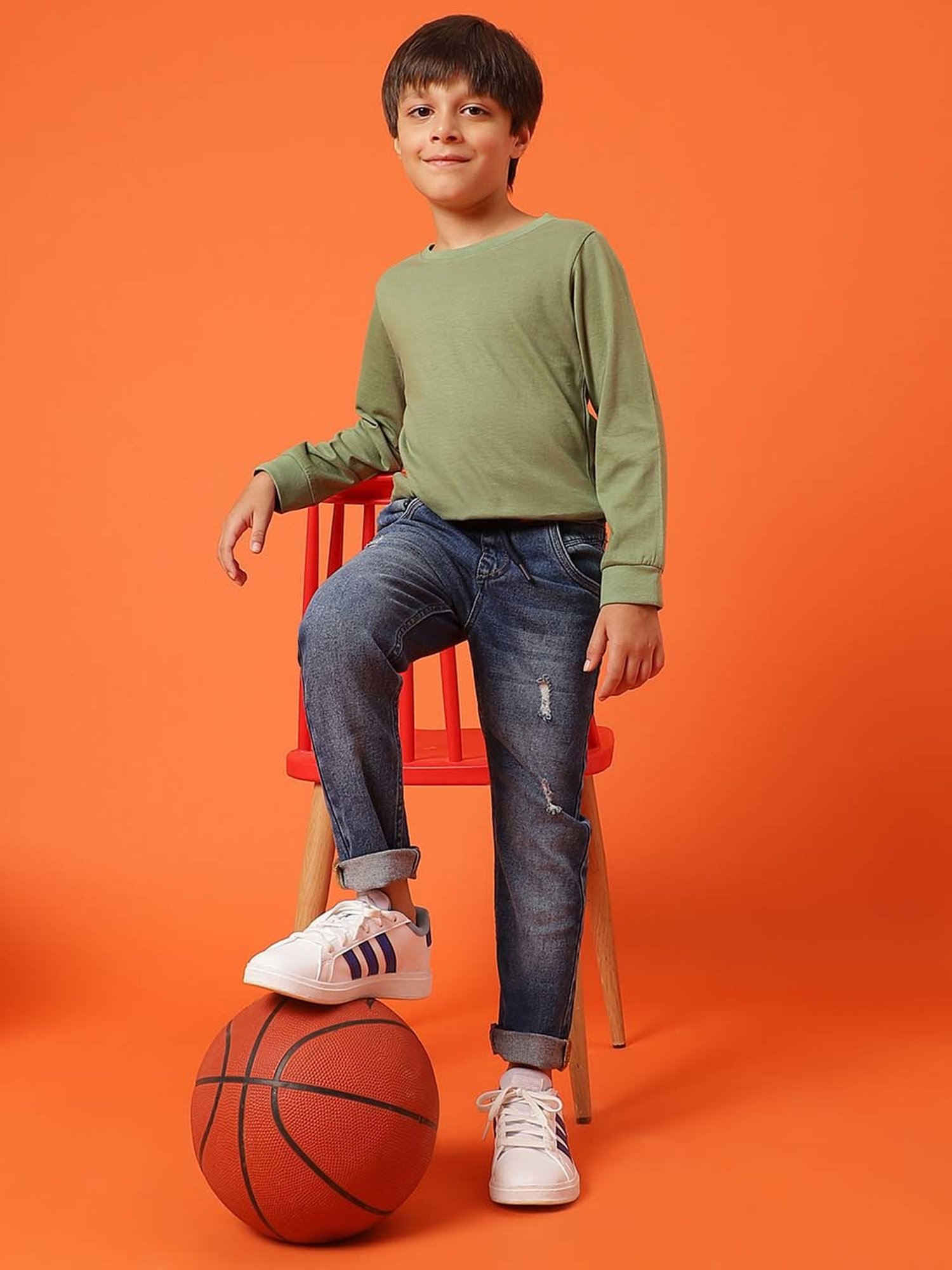 Tales & Stories Kids Olive Cotton Regular Fit Full Sleeves T-Shirt