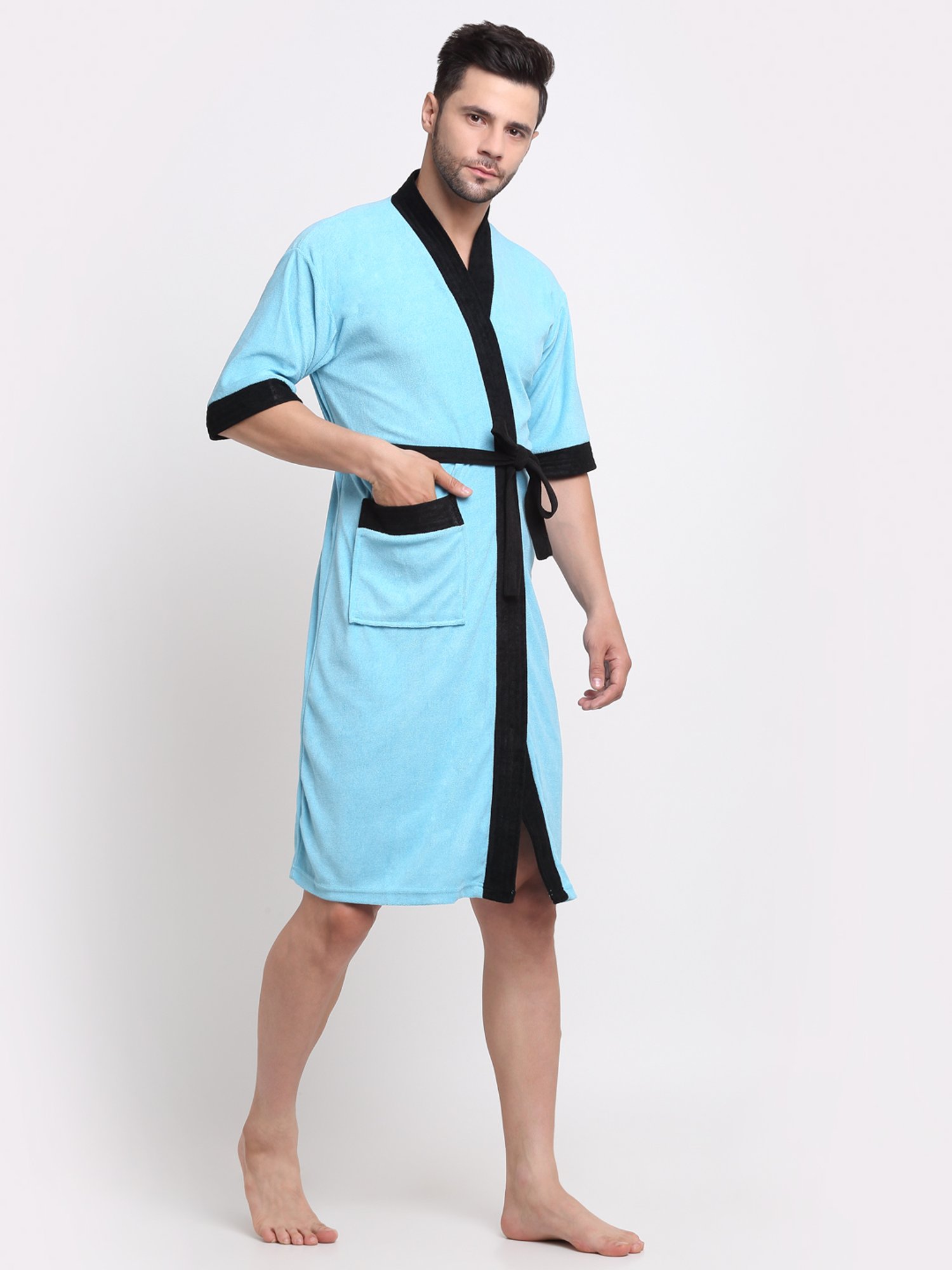 Creeva Everyday Ocean Blue & Black 225 GSM Micro Terry Bathrobe with Front Pocket & Kimono Collar