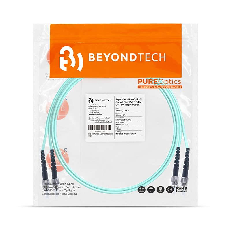 ST to ST Fiber Patch Cable Multimode Duplex 2m 656ft 50125um OM3 10G  PureOptics Cable Series