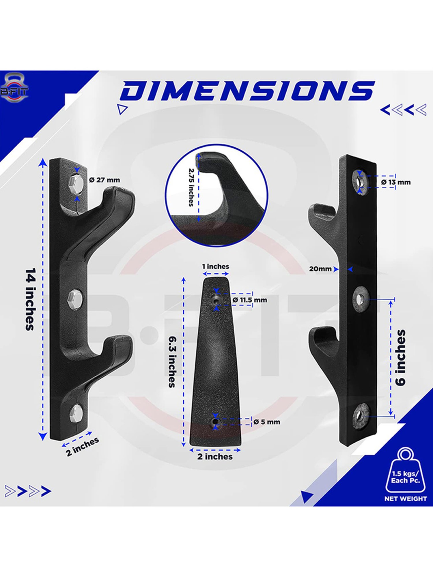 B Fit Wall Mounted Horizontal Barbell Holder Set of 2 (Black)