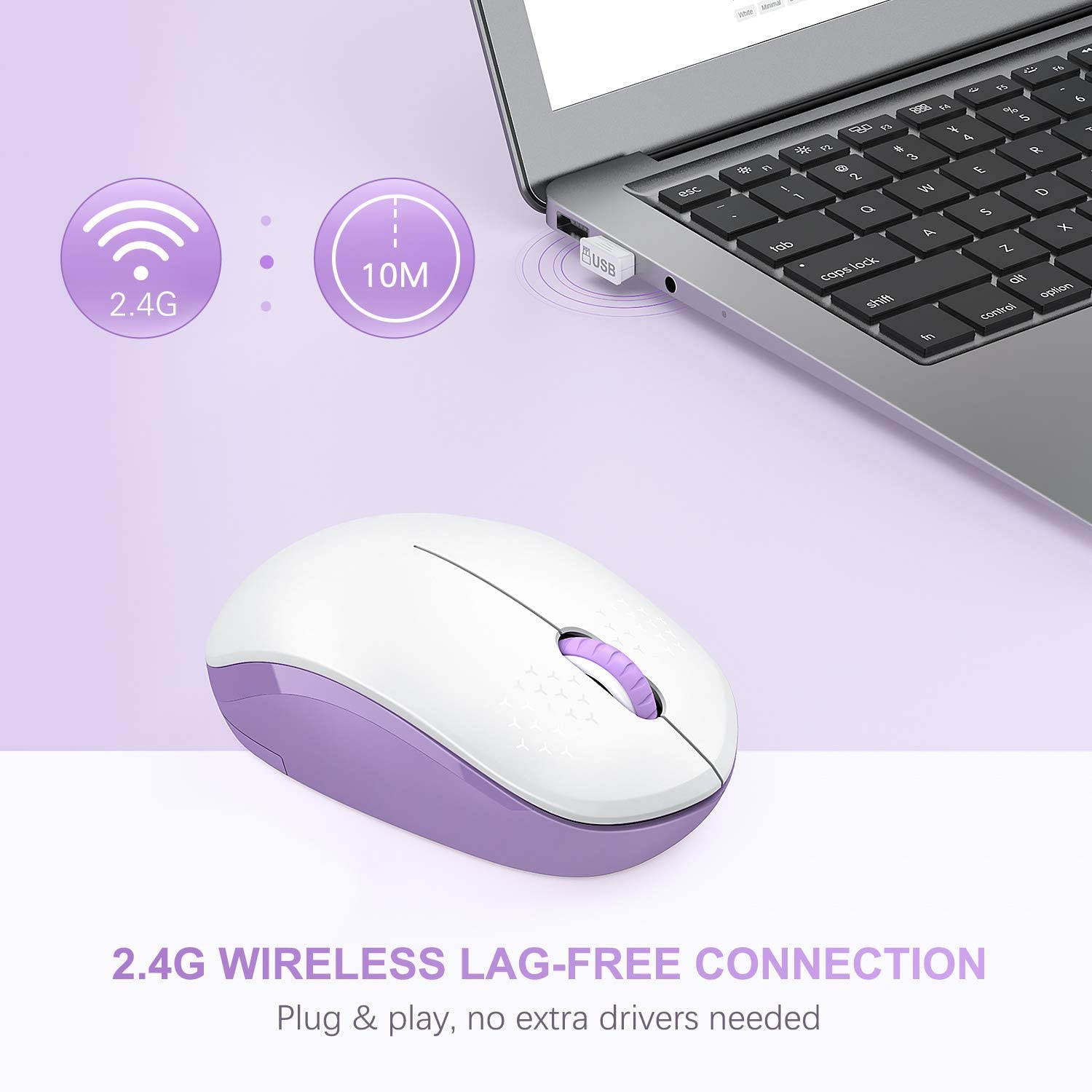 Wireless Mouse, 2.4G Noiseless Mouse with USB Receiver -  Portable Computer Mice for PC, Tablet, Laptop, Notebook, Computer - Purple & White