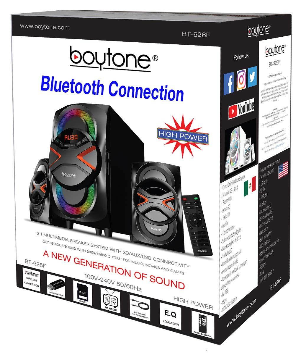 Boytone BT-626F, 2.1 Bluetooth Powerful Home Audio Speaker System, with FM Radio, SD Slot, USB Ports, Digital Playback, 54 Watts, Disco Lights, Remote Control, for Smartphone, Tablet. 110/220V