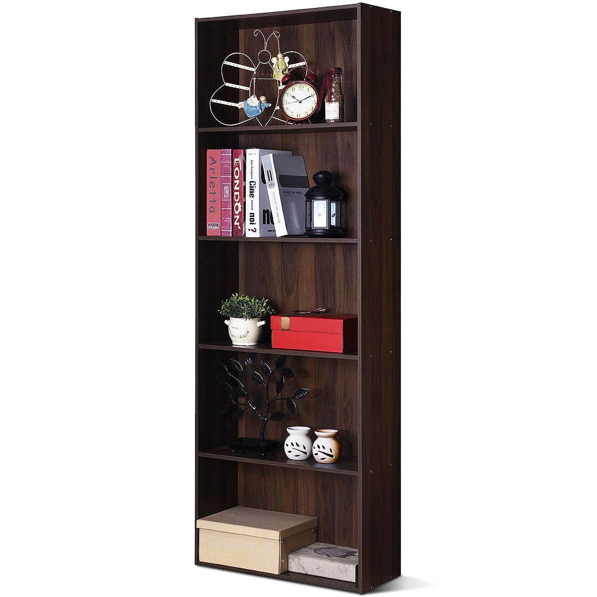 Costway 5-Shelf Storage Bookcase Stand Modern Multi-Functional Display Cabinet Walnut