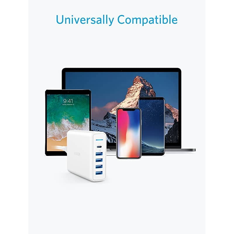 USB C Wall Charger  Premium 60W 5Port Desktop Charger with One 30W Power Delivery Port for MacBook Air 2018 Ipad Pro 2018 S10 and 4 Poweriq Ports for iPhone XsMaxXRX8 S9S8 and More