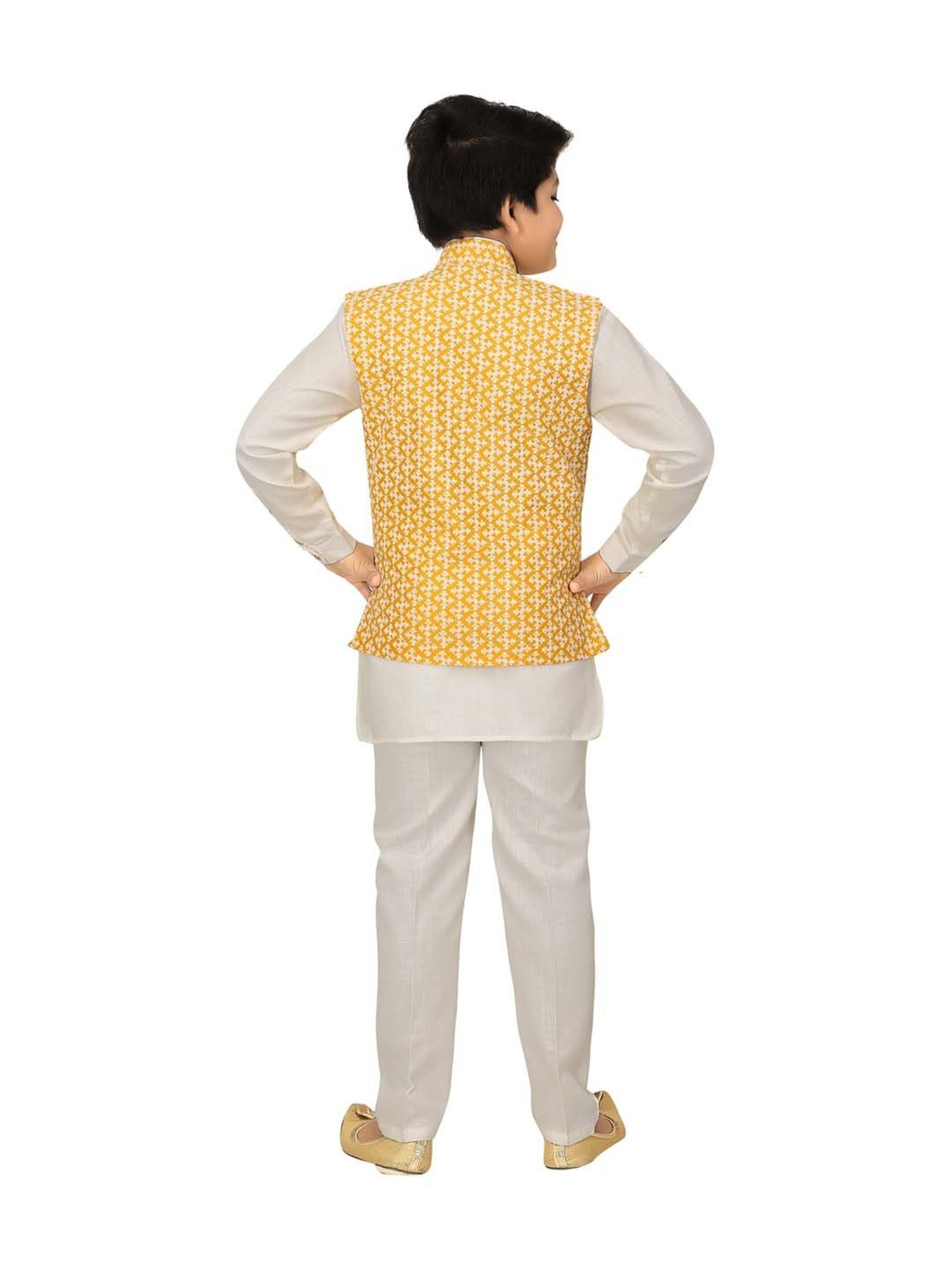 Ahhaaaa Kids White & Yellow Cotton Embroidered Full Sleeves Kurta Set