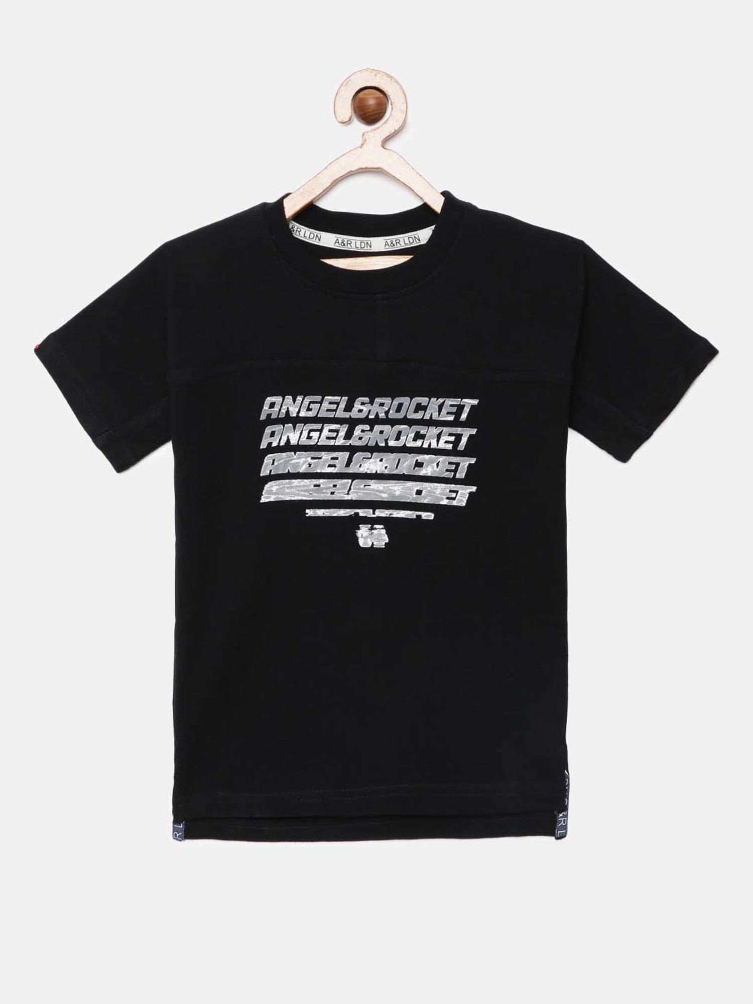 Angel & Rocket Kids Black Cotton Printed T-Shirt