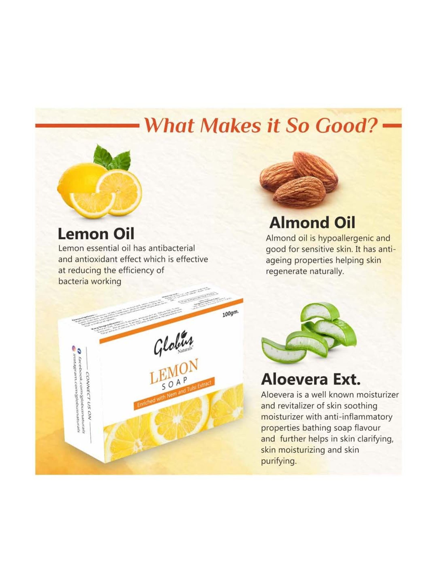 Globus Naturals Lemon Soap Enriched with Neem & Tulsi Extract - 100 gm (Pack of 4)