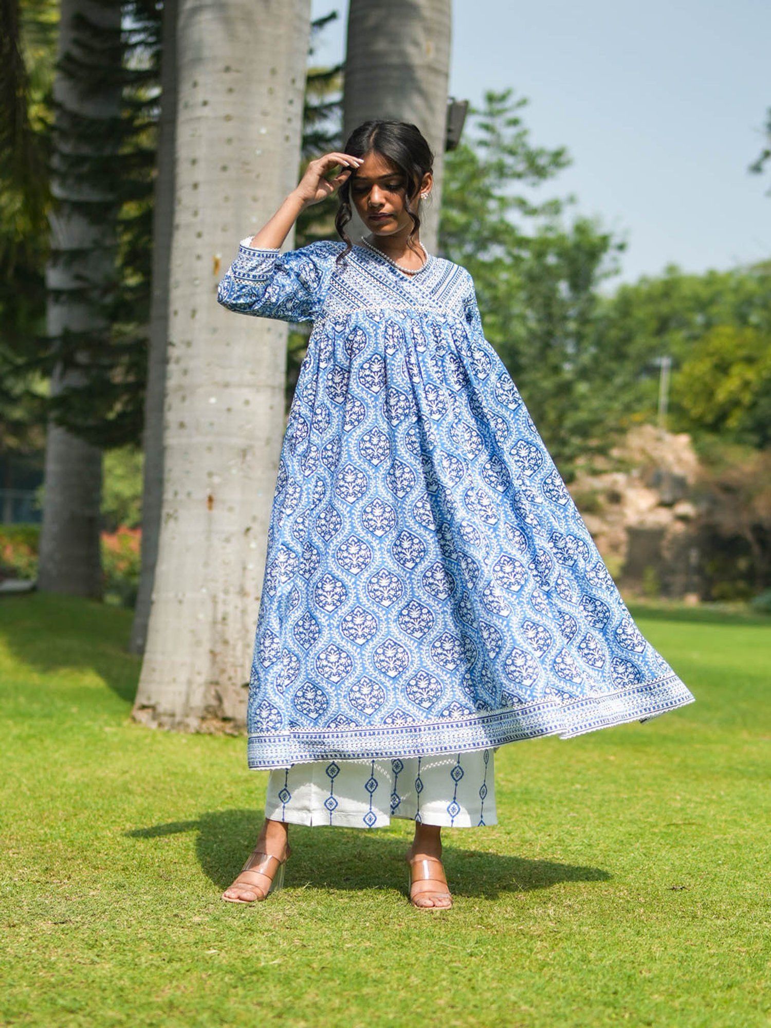 Akiso Blue Hand Block Printed Flared Kurta Set With Hand Embroidery Detail ( Set Of 2 )