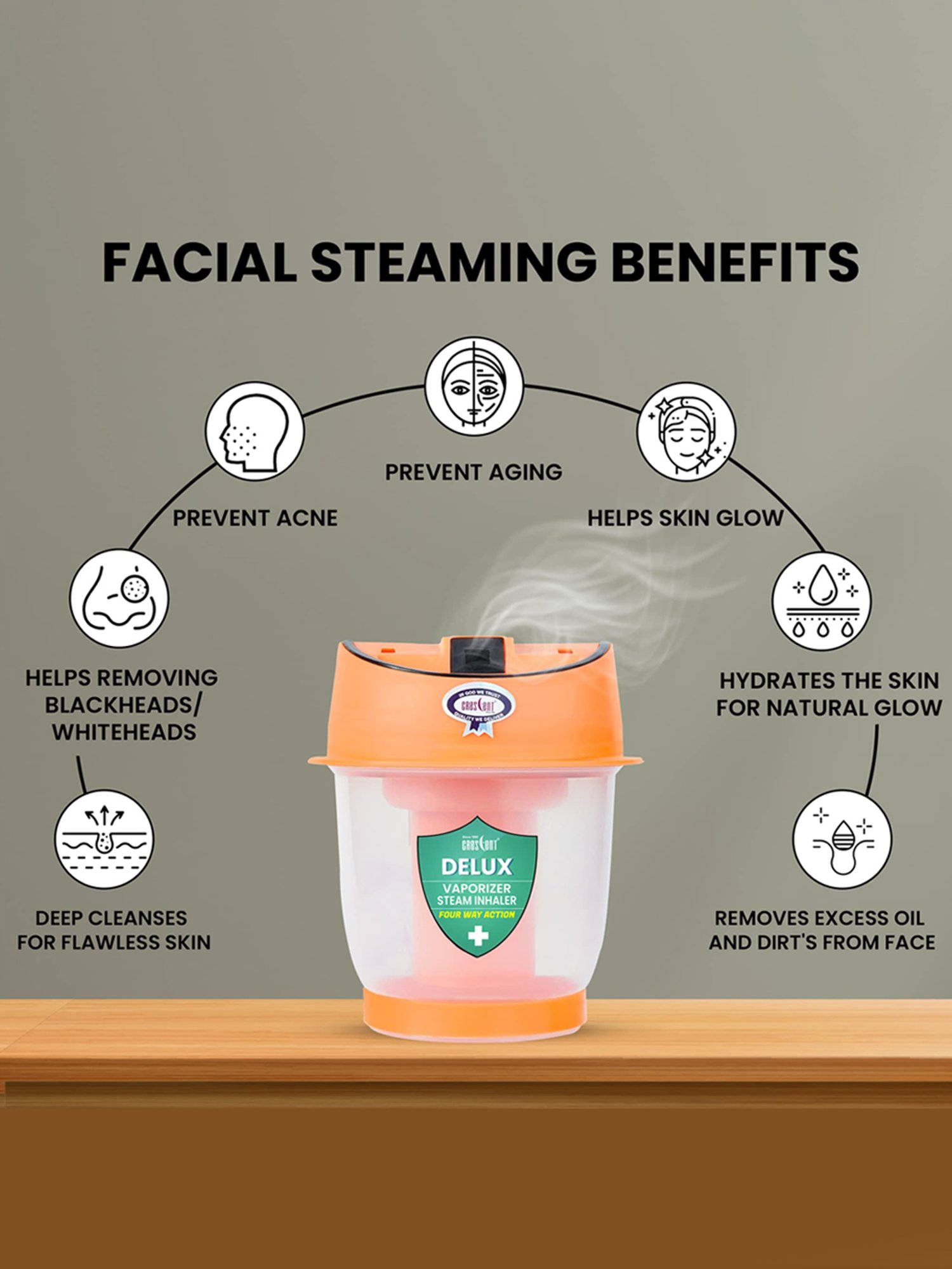 Crescent Delux Facial Steamer Vaporizer for Cold & Cough, Separate Water Storage Container (Orange)