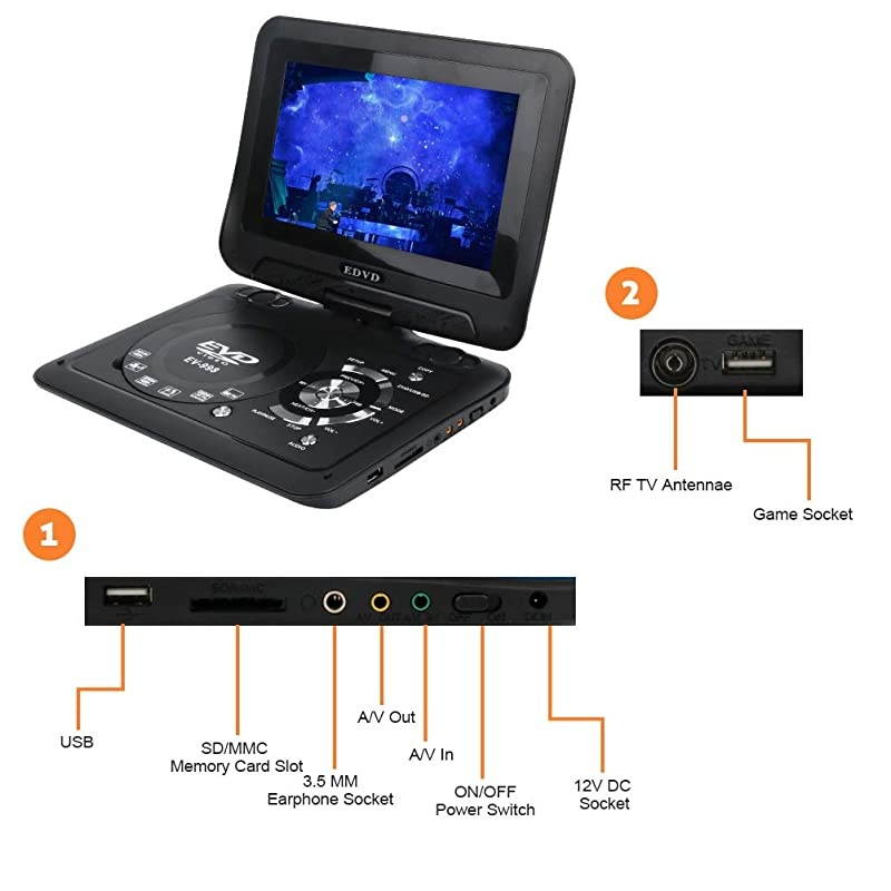 98quot Portable DVD Player Supports SD CardUSB PortCDDVD Rede Controller2 Hour Rechargeable Battery 9quot EyeProtective Screen Support AVinOutRegion Free Black