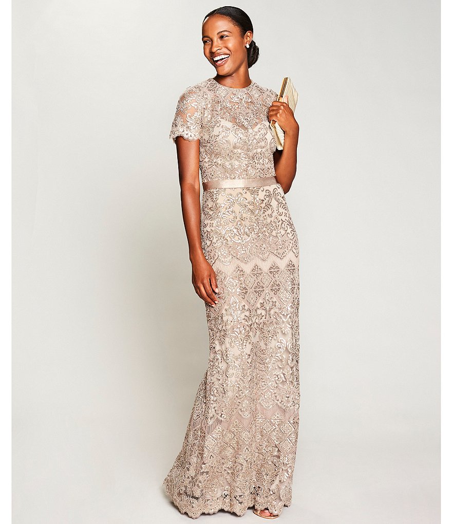 Tadashi Shoji Illusion Crew Neck Short Sleeve Ribbon Waist Sequin Lace Gown