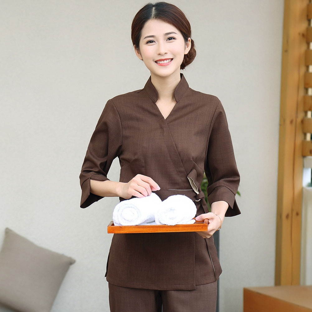 1 Set/2pcs Unique Design Beautician Uniform Hospital Apparel Clothes Labour Suit Two-pieces Fashion Costume for Woman (Coffee, Size M)