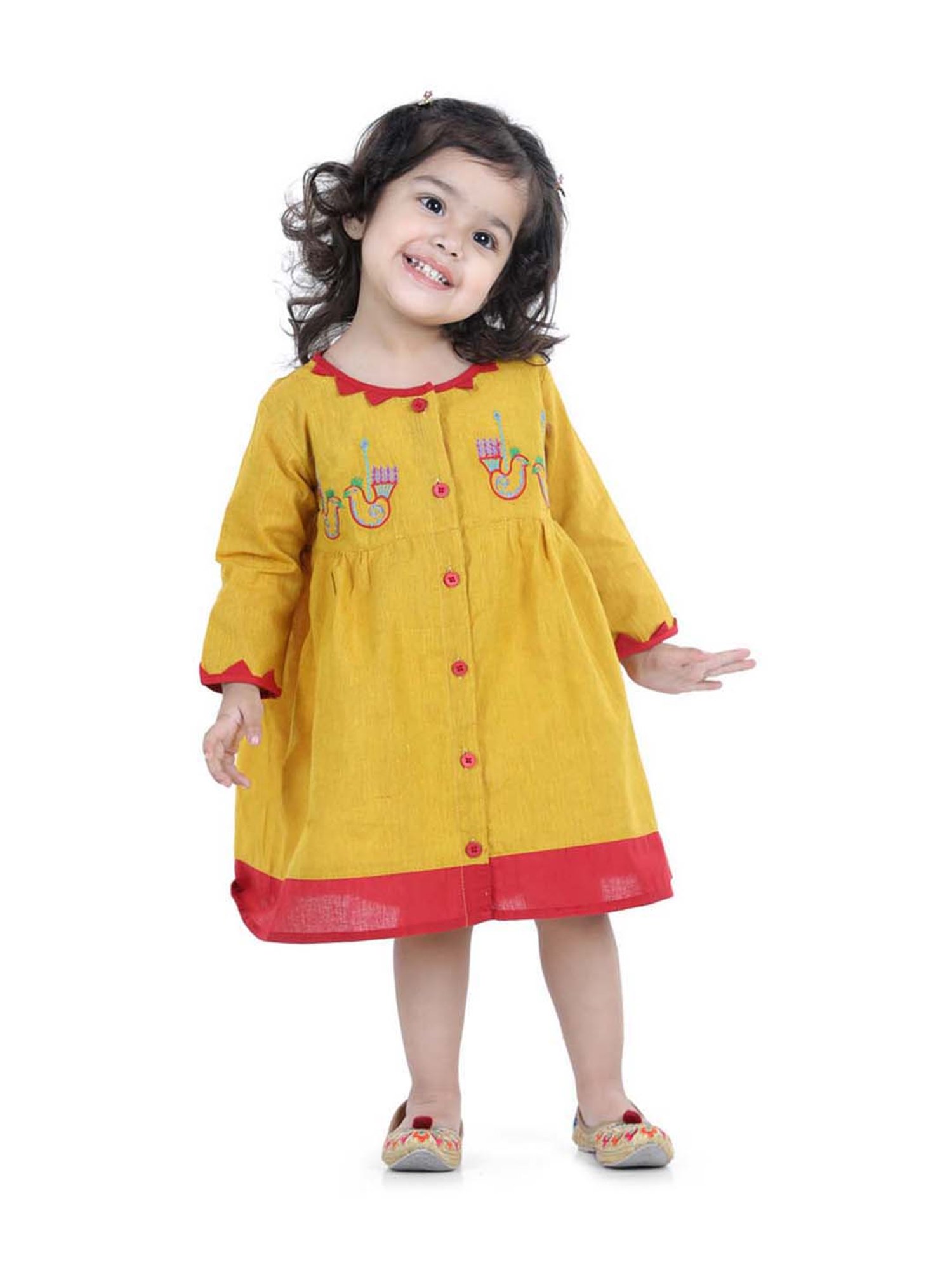 BownBee Kids Yellow & Red Cotton Embroidered Frock