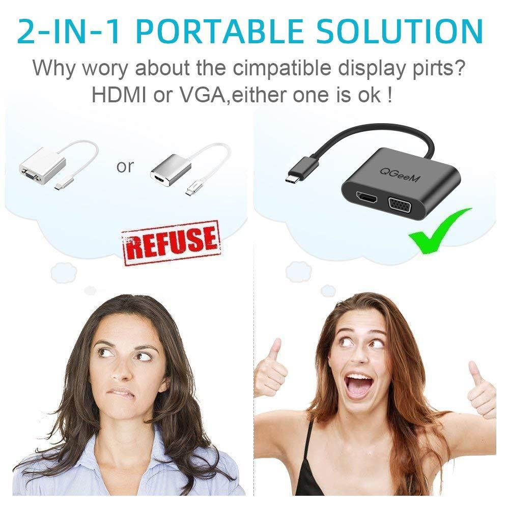USB C to HDMI VGA Adapter, QGeeM 2-in-1 Type C to VGA HDMI Adapter (Thunderbolt 3 Compatible) for MacBook Pro, iMac 2017, Chromebook Pixel, Galaxy S8/S8Plus and More