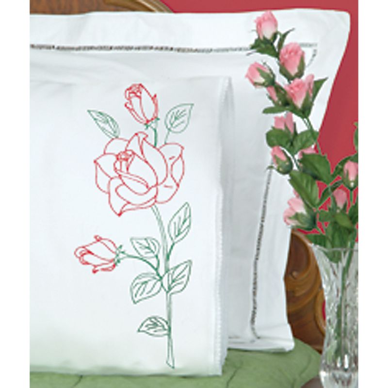 Jack Dempsey Stamped Pillowcases W/White Lace Edge 2/Pkg-Long Stem Rose