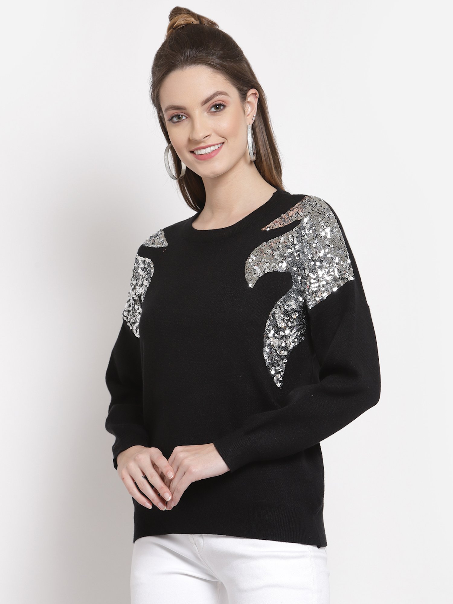 Mafadeny Black Embellished Round Neck Sweater