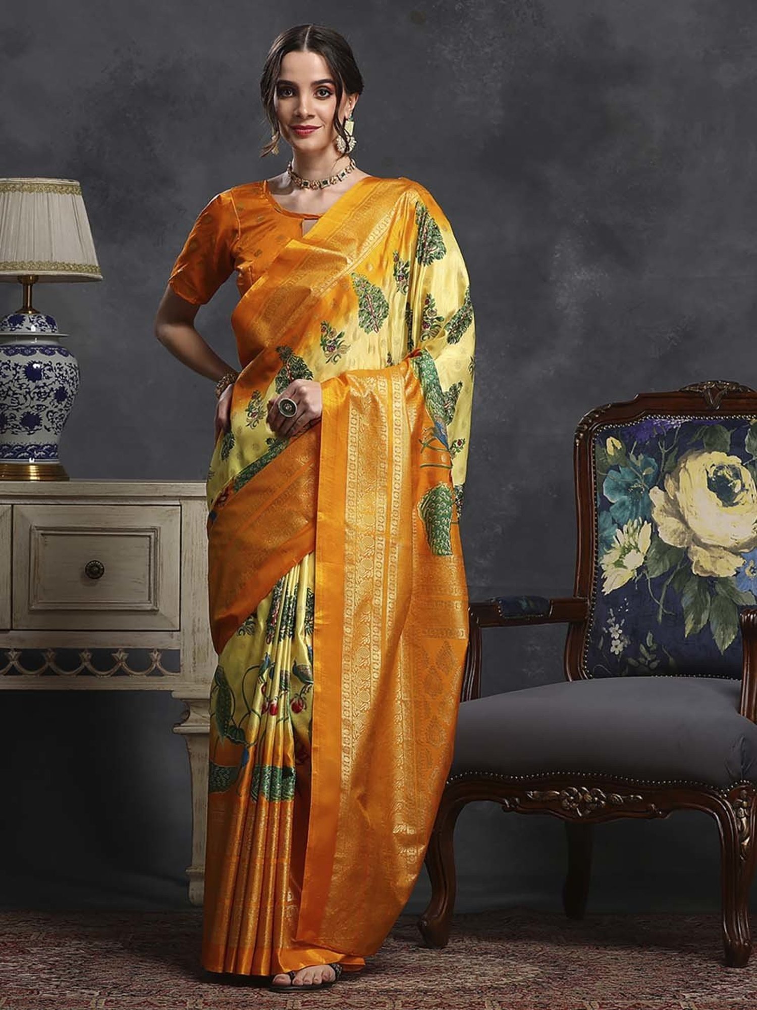 Saree Mall Yellow Silk Printed Saree With Unstitched Blouse