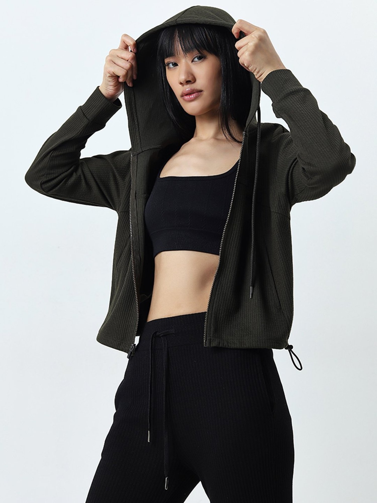 Studiofit by Westside Olive Ribbed Hoodie Jacket