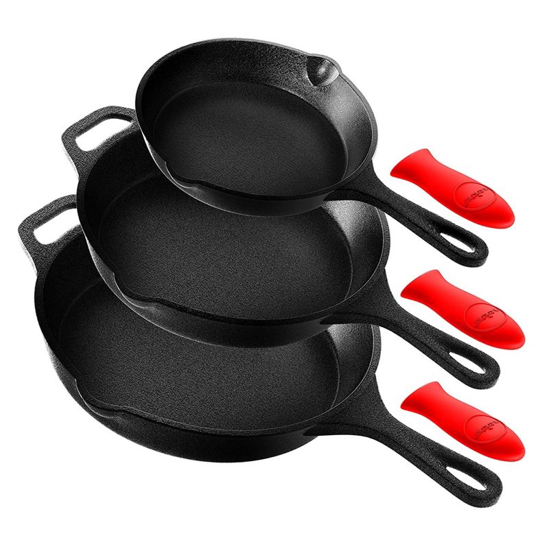 NutriChef Heavy Duty Non Stick Pre Seasoned Cast Iron Skillet Frying Pan 3 Piece Set, 8 Inch 10 Inch 12 Inch Pans with Silicone Handles