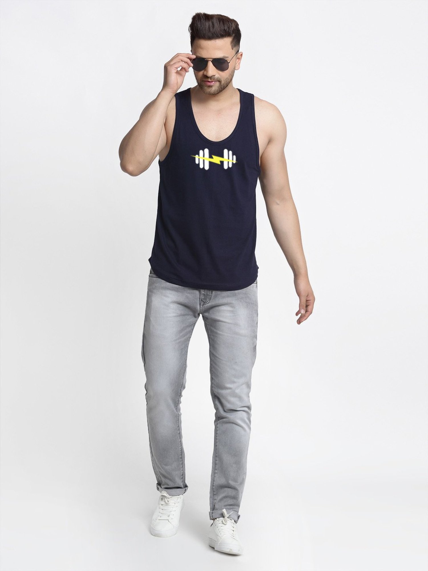 Friskers Navy Blue Regular Fit Graphic Sports Vest