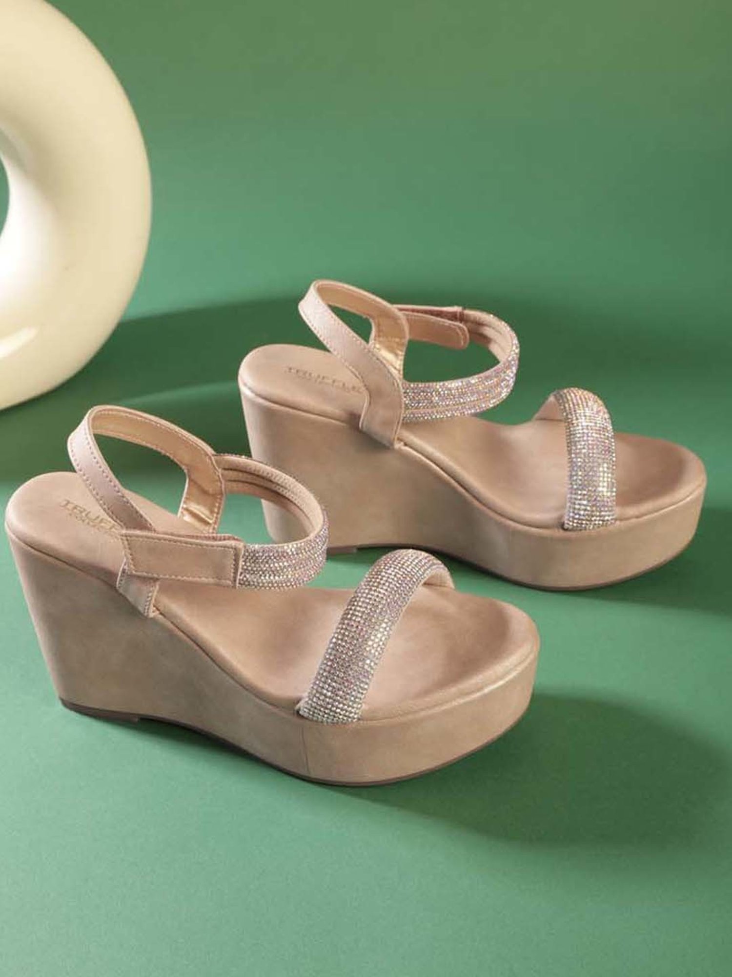 Truffle Collection Women's Beige Ankle Strap Wedges