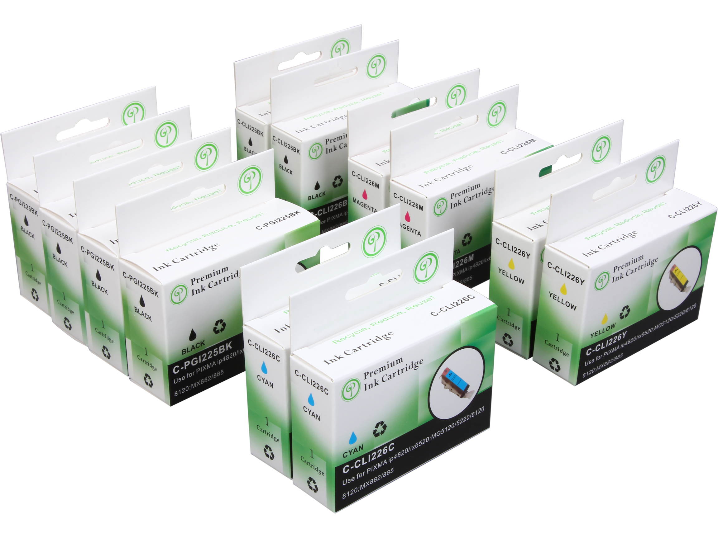 Green Project C-CLI226(12pk) 2 Black 2 Cyan 2 Magenta 2 Yellow Ink Cartridge with new chip and free 20pk 4x6 photo paper Replaces Canon PGI225 & CLI226