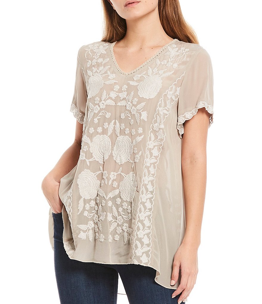 Karyn Seo Martina Tonal Embroidery V-Neck Short Sleeve Top