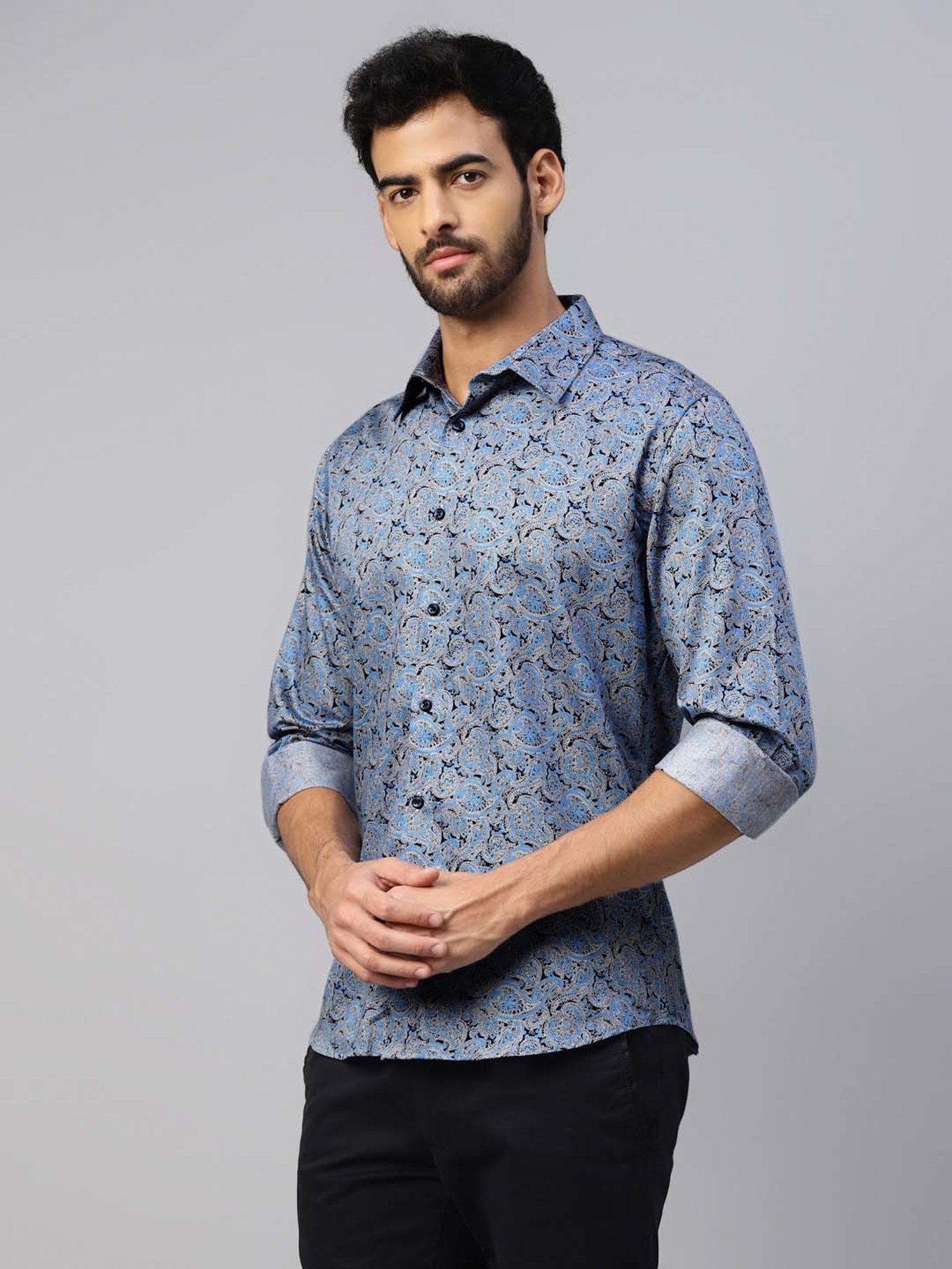 Don Vino Blue Slim Fit Printed Shirt
