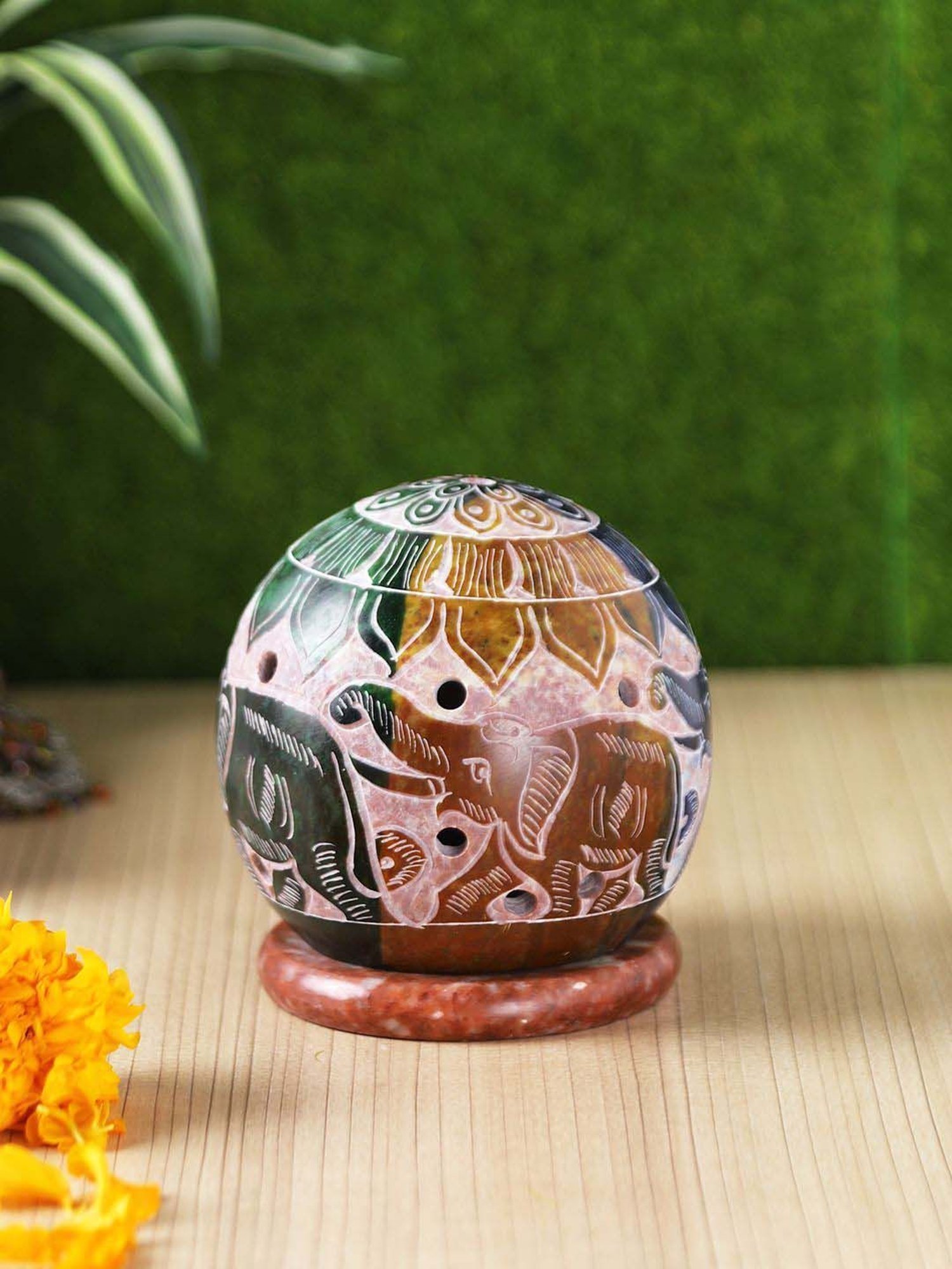 Aapno Rajasthan Multicolor Soapstone Elephant Print Tealight Holder