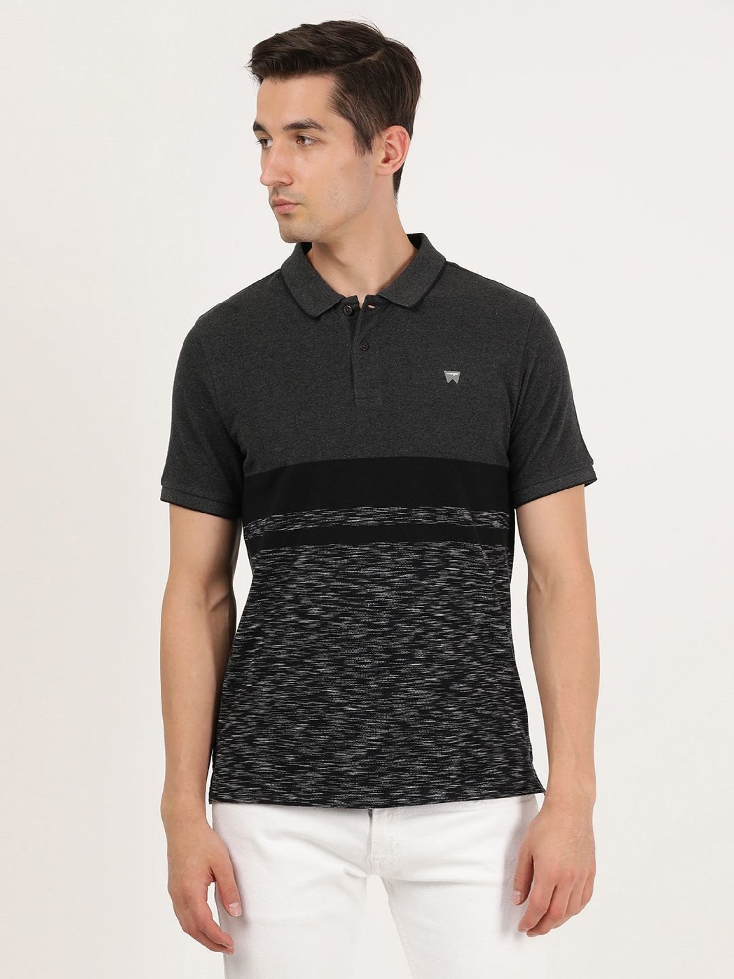 Wrangler Grey Cotton Regular Fit Printed Polo T-Shirt