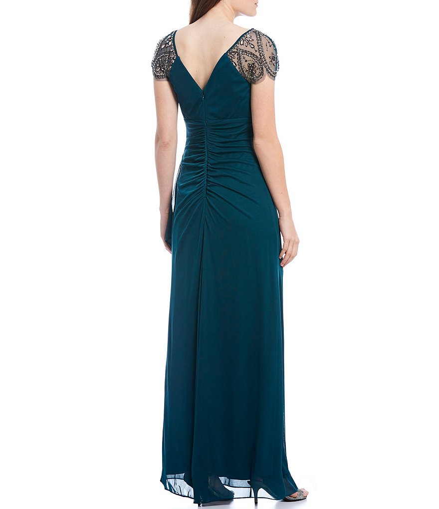 Xscape V-Neck Ruched Back Illusion Beaded Short Sleeve Asymmetrical Gown