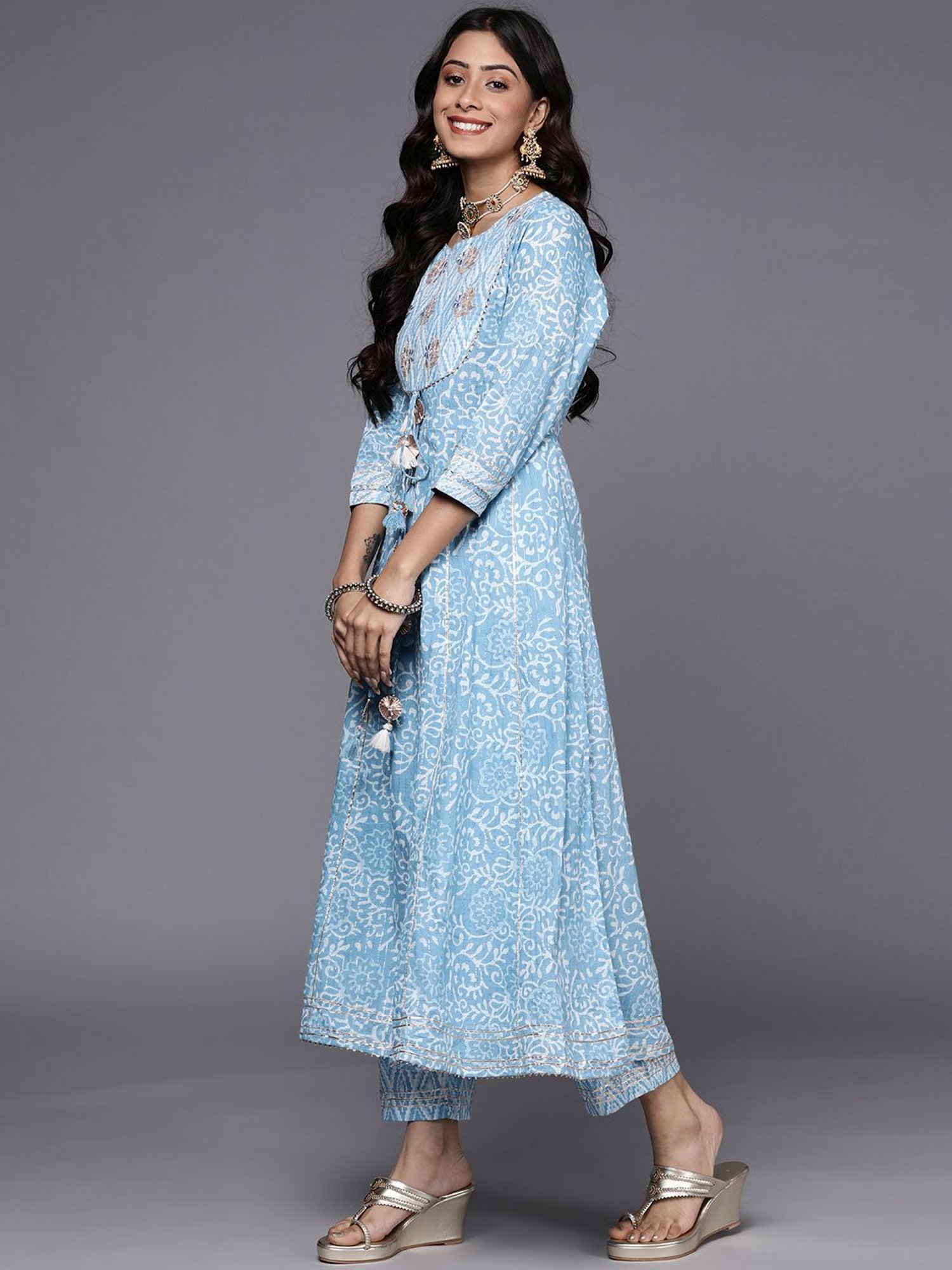 KSUT Blue Cotton Embroidered Kurta Palazzo Set With Dupatta