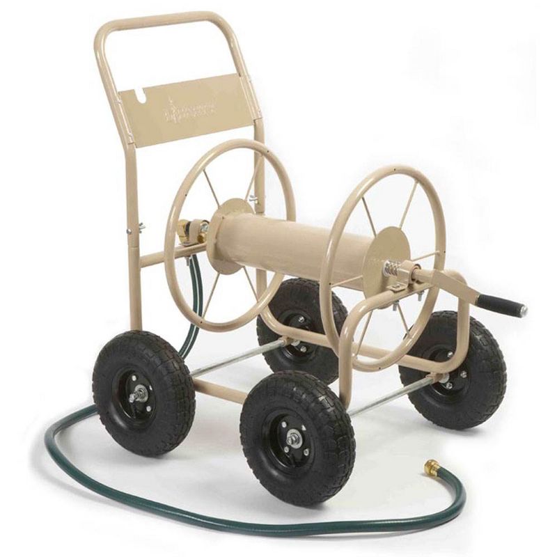 Liberty Garden 870 Industrial 4 Wheel 300' of 5/8" Hose Steel Frame Water Hose Reel Cart for Backyard, Garden, or Home, Beige
