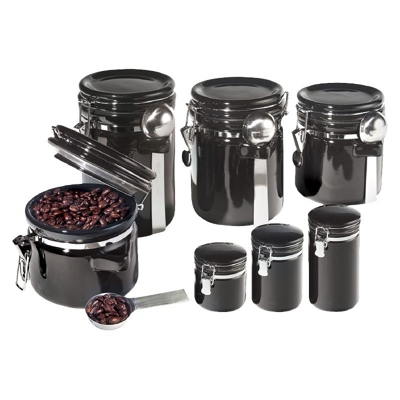 Oggi 7 Piece Round Ceramic Canister Set with Spoons - Black
