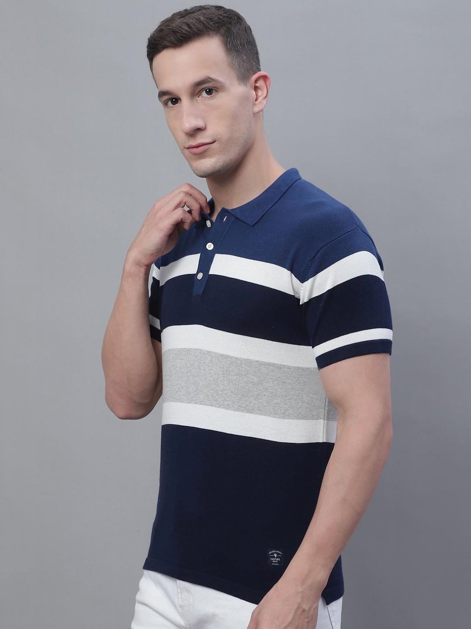 Cantabil Blue Cotton Regular Fit Striped Polo T-Shirt
