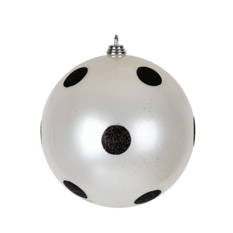 Vickerman 4.75" White Candy Finish Ball Ornament with Black Glitter Dots, 4 per Bag