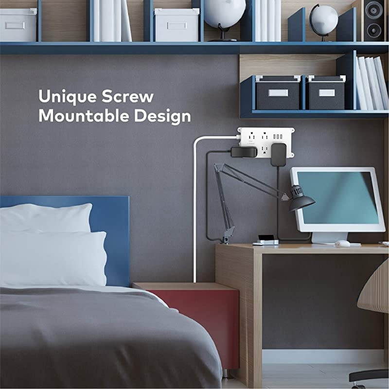 Power Strip Surge Protector Flat Plug, ETL Listed,  5 Widely-Spaced Outlets with 3 USB Ports, 1300 Joules, Low Profile Extension Cord 10ft, Wall Mountable, White